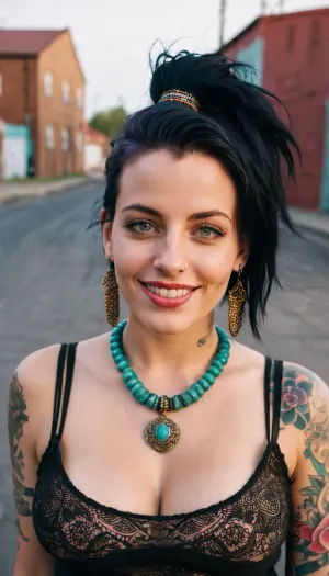 Una mujer con una cara tatuada y enormes pechos sabrosos se captura en una fotografía blanca y negra, usando un traje de ornado y sonriendo. Ella está de pie delante de una cabina de fotos de estilo vintage, con la cámara capturando su perfectamente posada
