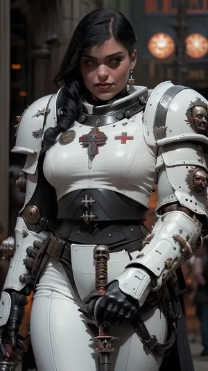 A woman in a Black Templar warhammer 40000 space marine armor is standing in front of a gothic style armor painted to resemble the iconic Black Templars' symbol