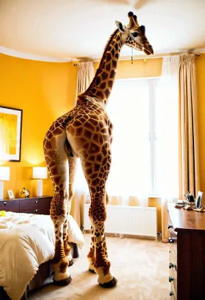 Eine Frau in einem wütenden Giraffenkostüm posiert in einem Schlafzimmer, ihr Pelz Bikini auf dem Display, wie sie sich überbiegt und Twerks für die Kamera. Sie hat langen Hals und großen runden Arsch, und sie trägt ein gelbes und weißes Fell