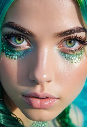 The AI generated text features a shimmering mermaid with matching eyes, perfectly round irises, and flushed cheeks. The lighting is soft and focused around the eyes, creating a mesmerizing effect. The skin texture is highly detailed with realistic pores