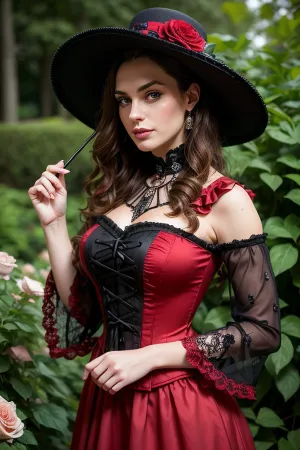 The Victorian woman in the picture is wearing a beautiful dress with intricate details and a high quality rose garden in the background. She has curly hair that falls down her back, showcasing her ultra-detailed face and corset-style dress