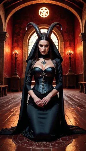 The woman in the photo had a demonic horn on her forehead, matching eyes, and a corset that hugged her curves perfectly. She was wearing ultra-detailed eyes that sparkled with life and were perfectly round. Her pupils were also highly