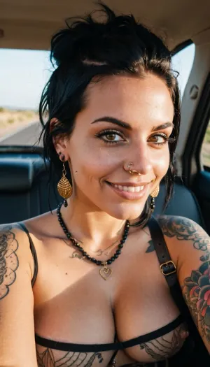 La mujer se sentó en su coche, mirando la puesta del sol con un enorme senos de perrito y un enorme piercing de pezón perforado. Tenía una perfecta iluminación de hora dorada y parecía feliz y sonriente mientras tomaba una foto de ella misma con su teléfono