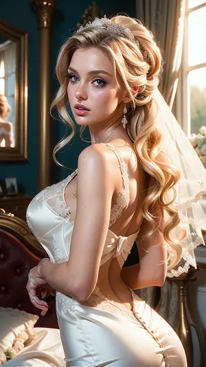 女性は彼女の曲線を抱きしめ、彼女の胸を披露したセクシーなウェディングドレスを着ていました。 彼女は長い波状の髪、魅惑的な顔、大きな青い目、チークの厚いブラッシュ、高い頬骨と小さな鼻の角度の顔を持っていた