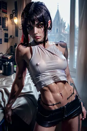 スリムなボディとハイディテールのゴスガール、彼女の弾力的な曲線を強調したゴスシックな服を着て、光現実的な照明の焦点でした。 彼女のジェット黒い髪は完全にスタイルと彼女のマスカラとアイルでした