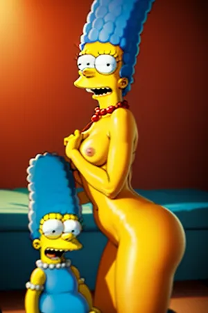 Dans un moment parfait d'intimité, Marge Simpson et Bart Simpson sont représentés dans une robe jaune et les cheveux bleus, assis sur un canapé jaune avec les yeux fermés. Leur corps est lisse et doux, leur peau est lisse et douce, leurs cheveux sont parfaitement
