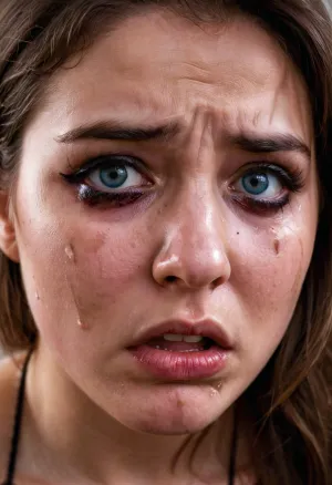 The girl in the photo is terrified and shaking, clutching her phone tightly as she looks at the photo on the screen. Her makeup is smeared and mascara tears are streaming down her face. She is asking for more AI generated porn to be