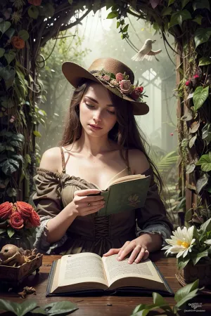 Style Jean Baptiste Monge, book, birds, skeleton of a girl in love reading joyfully, jungle, vines, flowers, day, rain, lost world