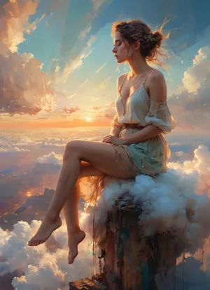 The young woman sat on a cloud, gazing up at the sunset. She was lost in thought, imagining what it would be like to fly among the clouds. Suddenly, she felt a gentle brush of wind against her face and looked down to see