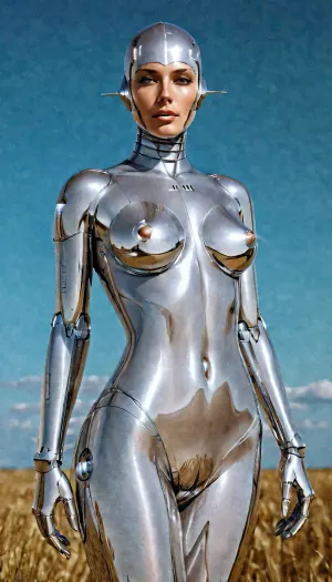スカンジナビアのロボット女性は男の前で立っていました、彼女の完璧な金属製のボディは光で輝く。 スカンジナビアのポボットの女性の彼女の完璧な写真は、それを試してみることに苦労した人によってfucked準備ができていた