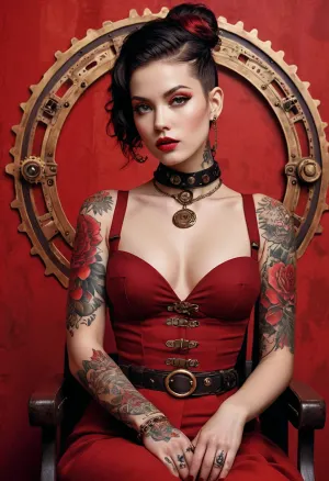 In der Steampunk-Stadt sitzt eine Frau mit Tattoos auf dem klaren Hintergrund eines hyperrealistischen Gemäldes eines Werbefilms. Die Abdeckung verfügt über jingna zhangs 'Gehorsam' auf dem Cover, mit hochwertigem Text