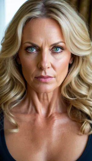 长着成熟的面孔和明亮的眼睛的女人是邪恶的完美画面. 她有长长的金发从背上掉下来,她穿着紧身的黑色裙子,露出她的曲线. 她的皮肤光滑无瑕