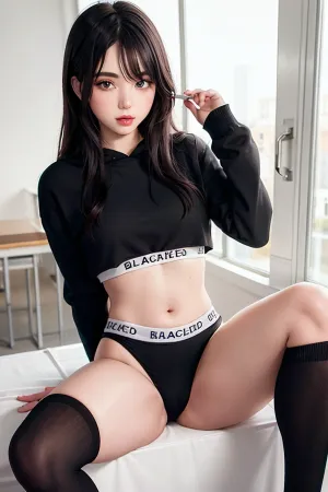 여드름 피부와 젊은 여성, blacked-out 복장, 및 자르기 탑 후드는 그녀의 cleavage와 끈 팬티를 보여준 작물 탑 후드를 착용했다. 그녀의 bra was blacked 아웃 와 그녀의 nipples 전시 통해