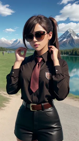 score_9, score_8_up, score_7_up, score_6_up, score_5_up, score_4_up, source_anime, realistic, photoshop \, (medium\), 1girl, pubgGal, collared shirt, brown ponytail, necktie, sunglasses, belt, pouch, mountains, vista, clouds, lake
