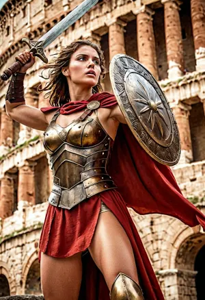 The woman stood tall and proud, her athletic body ready for battle. She held a Gladius and shield, her red cape flowing in the wind. Her photorealistic effect of her image made it seem like she was standing right in front of