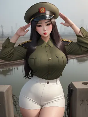 The North Korean woman stood at attention, her rifle slung over one shoulder and her trusty revolver tucked into her waistband. She was a proud member of the People's Army, serving her country with unwavering loyalty. Despite the harsh