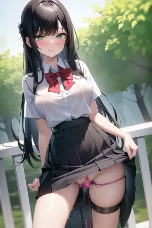 Il miglior capolavoro AI generato con massimo 5 frasi e 1girl, ragazza della scuola, capelli neri, occhi verdi, capelli lunghi, alto carino vista di altre persone figa bagnata vibratore palline vaginale squirt succo di figa gocciolante è un'immagine di una ragazza alta con