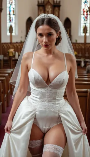 La sposa era vestita in un abito da sposa con le tette e figa rasata in mostra, in piedi dietro una chiesa dove due delle sue amiche stavano scattando foto