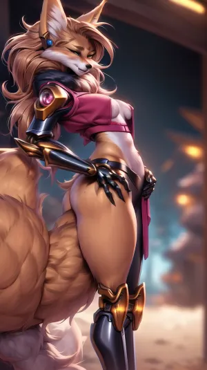 毛茸茸的雌性蚂蚁站在镜头前,她的网络手臂用机械手在臀部发光. 她穿着短袖衬衫和裤子,露出她的机器人手臂和腿. 她左手开着