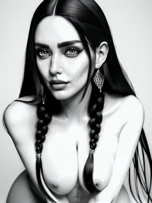 beautiful 30 year old woman, greek, on her knees, (shaved pussy), (naked:1.5), big natural breasts, long black braided hair, detailed face, perfect face, realistic face, symmetrical face, (front view:1), (full body view:1), perfect breasts, perfect hands, slim body, perfect eyes, drawing, monochrome, style, by, NTY, <lora:Drawing:.5>
