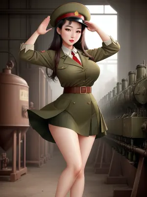 一个朝鲜女人在润滑剂工厂里装姿势 她的大乳房在展示 她有中性的面部表情和肩部长度的深色头发. 她的制服是橄榄绿色的军装 长膝裙和帽子