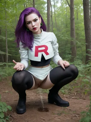 Jessie from Team Rocket was squatting and peeing on a forest clearing, wearing her uniform with cropped thighhighs and zettai ryouiki. She lifted her leg up to pee, showing off her long hair and sexy face