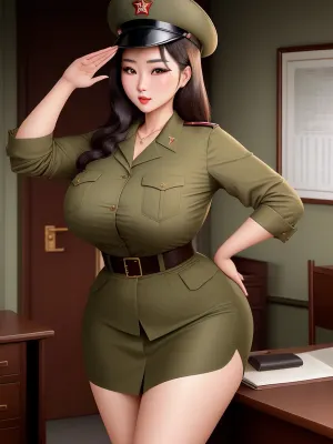 北韩女子站立着,她的橄榄绿色制服突出她的弯曲。 她的乳房在展示中,她穿着中性面部表情. 她站在一个有电脑的大桌子前