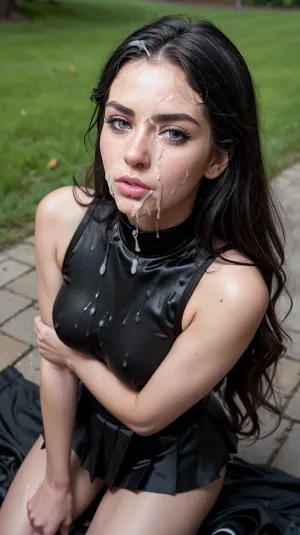 La mujer en la imagen está usando una camiseta de satén negro de cuello alto sexy con un logotipo en ella. Hace mucho tiempo que se ha movido después de que el pelo sexual se enmarcara en su cara. Su expresión facial es de placer y satisfacción. Ella tiene