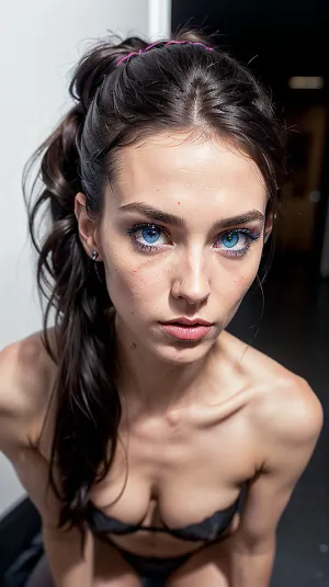 Глаза женщины были широки с удивлением, когда она смотрела на камеру, ее лицо окрашено синими глазами и красной помадой. Ее тело было покрыто потом, и ее волосы были беспорядком, делая ее похожей на фарфора