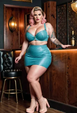 The voluptuous punk woman sat in a classy bar room, sipping her drink and displaying her muscular arms, plump thighs, and wide hips. Her seductive boots accentuated her muscular calves, and the textured skin of her