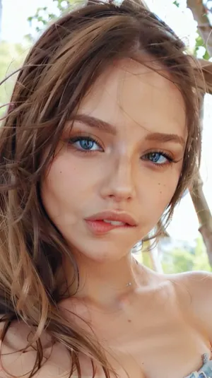 照片中的女人有着完美的乳房尺寸,有一个蓝眼睛的凝视,使她看起来像她知道该怎么处理. 她的金发垂下肩膀 完美地塑造她的脸 她穿着紧身衣