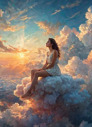 Cushart, a young woman with captivating eyes, sat on a cloud above the clouds. She was lost in dreams, her weightless body floating through the ethereal atmosphere. The sunset above the clouds cast a pastell color palette