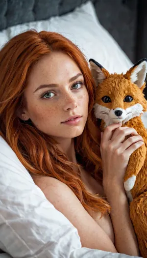 beautiful slim fit 20 years old woman waking up in her bed, she hugs a cute tall fabric fox stuffed toy, fox toy, disheveled hair, ginger, freckles, breasts, A-cup, narrow torso, full body view, Accurate eyes. Realistic detailed eyes. Realistic skin texture. high quality, hyperrealistic, extremely detailed, high resolution, high resolution face, high resolution eyes.