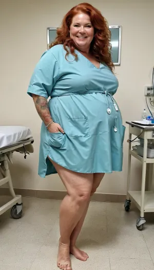 护士是一名55岁的女性,身着刺青的精灵发型和肥胖的身躯,当她注意到一名年轻男子检查她时,正忙于在医院工作. 她对他微笑和眨眼,导致