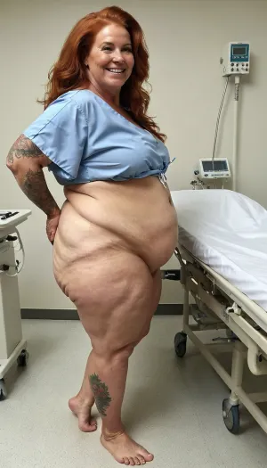 护士是一位高大,厚厚的俄罗斯红发,有精灵发型和纹身. 她有古董风格,享年55岁. 她笑着,赤脚, 穿着非常舒展的医袍。 虽然