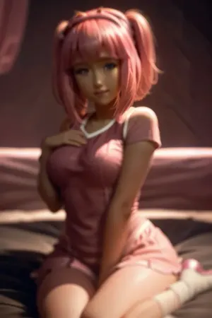 The photo of the girl in a lace sundress with pink hair and bra is breathtaking, with intricate details and textures that make it feel like you're looking at a high-quality movie still. The lighting is perfect, adding cinematic touch to