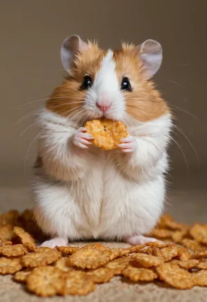 A very cute, white and brown fur, big eyed hamster sits on his back legs eating a cornflake. Cute, super cute, fluffy