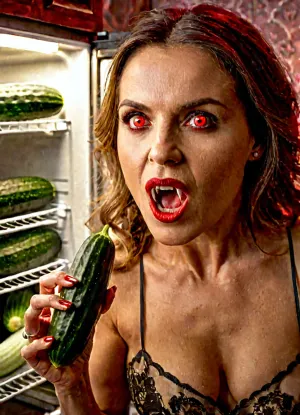 The vampire fangs in the photo are ready to bite, and the female vampire is holding a cucumber vertical in front of her eyes. The kitchen is ultra detailed with highres text and realistic photo
