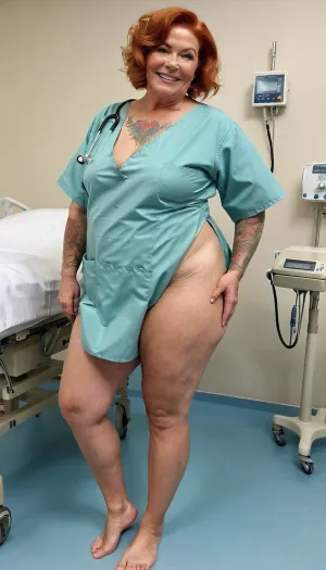 一名55岁的护士,身着纹身皮肤和肥胖的病态身体,穿着古董样式的衣服走进医院,并身着医袍和高跟鞋. 她带着一个医疗袋去