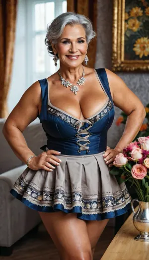 Una donna nei suoi anni '60 con un ampio sorriso e calze si trovava davanti a una grande foto di se stessa. Indossava un vestito fluente e floppy che abbracciava perfettamente le sue curve. Le sue cosce spesse e i seni voluttuosi erano in mostra,
