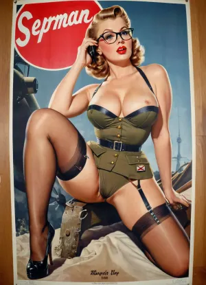 The photo on the poster is a masterpiece of AI and generate.b&w art, featuring a tall, beautiful army woman with big tits and a wet warm knee-high stocking. The photo is captured in black and white with sharp focus