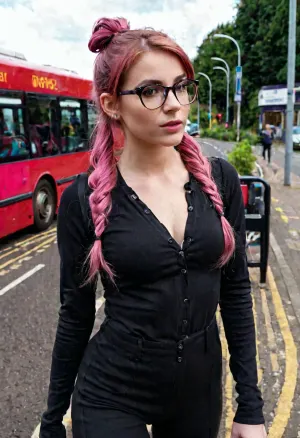Una giovane donna con un corpo sottile e un bellissimo vestito di goth British AI 24 anni stava aspettando l'autobus. Non aveva trucco su, ma la sua immagine di vista completa ha mostrato il suo splendido doppio stile di capelli coda di cavallo e la faccia carina. Il suo sexy