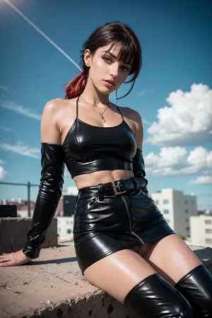 臀部大而皮肤苍白的哥特式女孩坐在长凳上,她的黑色迷你裙暴露了她的被缠绕的身体. 她戴着黑色的顶部,双托肩部和黑色的带子,暴露出她被缠住的身体. 她的颈部很高