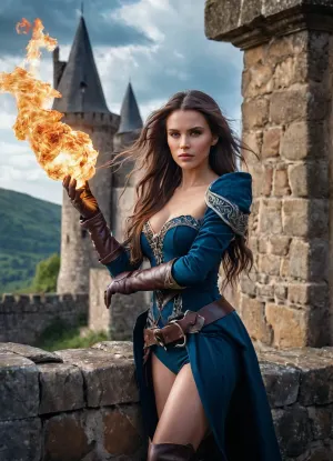 A feitiçaria estava na parede do castelo, seu cabelo longo soprando no vento, e focado em algo distante. Seu penteado selvagem era livre, e ela estava usando botas de couro e luvas. Ela tinha uma energia mágica nela