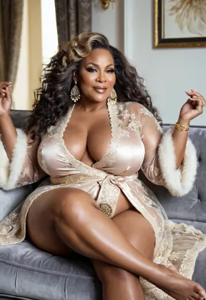 A 50-year-old African woman was sitting on a sofa with her legs spread wide, revealing her thick thighs and big buttocks. She had thick thighs and big buttocks, which were accentuated by the floppy large breast that she was