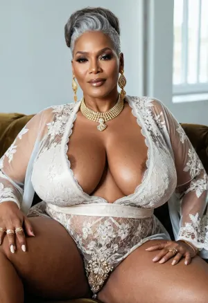 A 50-year-old African woman was sitting on a sofa with her legs spread wide, wearing a luxurious robe and big earrings with diamonds. She had thick thighs, big neckles with diamonds, fat BBW body, and fat ass