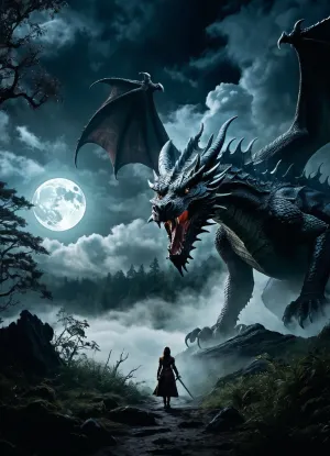 The woman with the sword stands in the middle of a dark forest, watching the Dragon in the distance. The fog and clouds obscure her view, but she can hear its footsteps getting closer. She holds her sword tightly, ready to defend herself if necessary