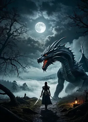 The woman with the sword walked through the dark wood, her eyes fixed on the distant horizon. She could see a massive dragon in the distance, its scales glinting in the moonlight. The dragon was enormous, and it seemed to be watching