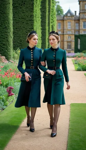 Une photo de deux jeunes Anglaises vêtues de leur plus belle tenue, se promenant dans le jardin du palais, capturée sur une photo magistrale