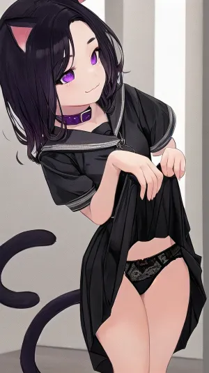 बैंगनी बालों और बैंगनी आंखों के साथ बिल्ली की लड़की अपने कुत्ते के साथ एक तस्वीर के लिए प्रस्तुत की गई थी, जो उसके प्यारा चेहरे, काले बाल और काले कान का खुलासा करती थी। वह तंग काले पोशाक में एक प्यारा चेहरा था जिसने तंग में अपने सेक्सी शरीर को दिखाया